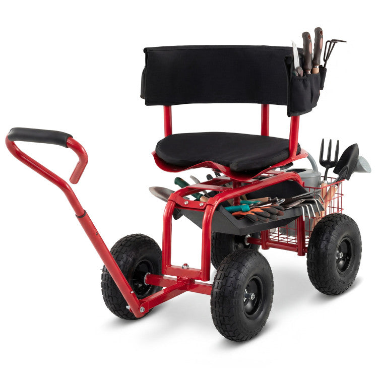 Cushioned Rolling Garden Cart Scooter with Storage Basket and Tool Pouch