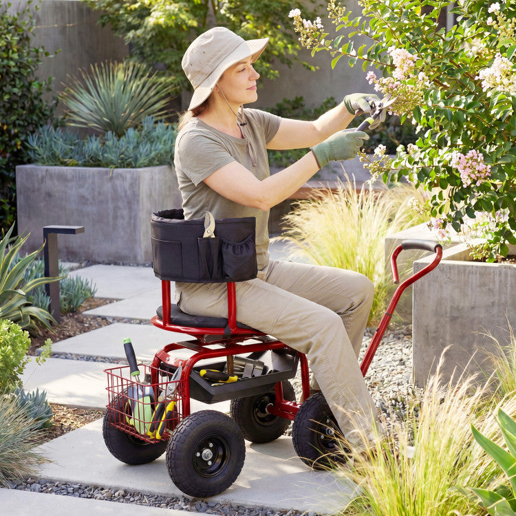 Cushioned Rolling Garden Cart Scooter with Storage Basket and Tool Pouch