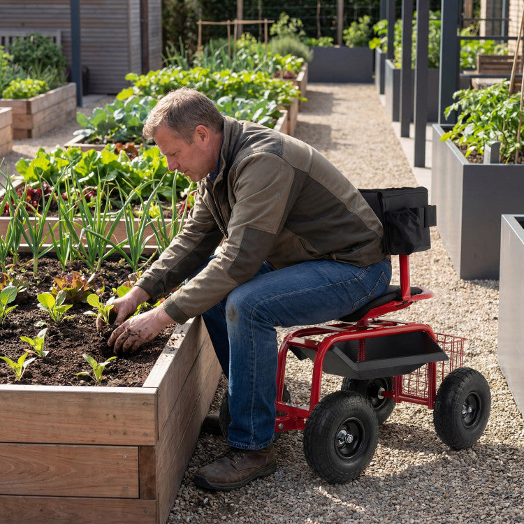 Cushioned Rolling Garden Cart Scooter with Storage Basket and Tool Pouch