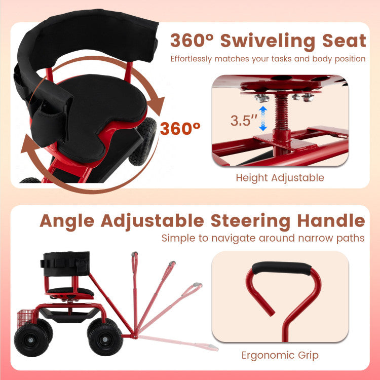 Cushioned Rolling Garden Cart Scooter with Storage Basket and Tool Pouch