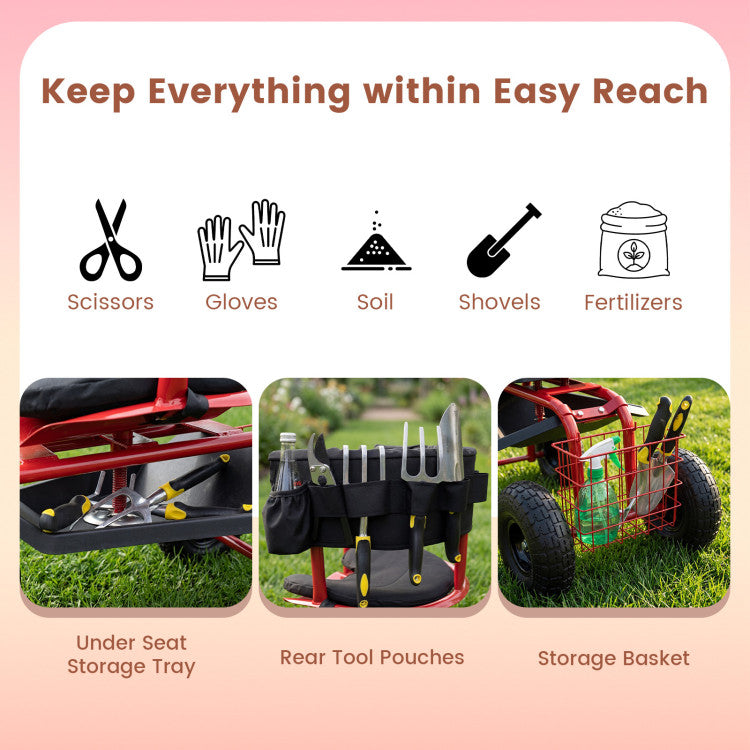 Cushioned Rolling Garden Cart Scooter with Storage Basket and Tool Pouch