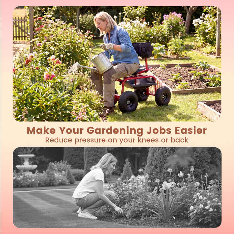Cushioned Rolling Garden Cart Scooter with Storage Basket and Tool Pouch