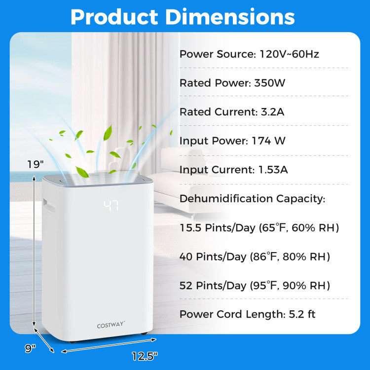 Dehumidifier with Auto Drain or Manual Drainage for Home Basement
