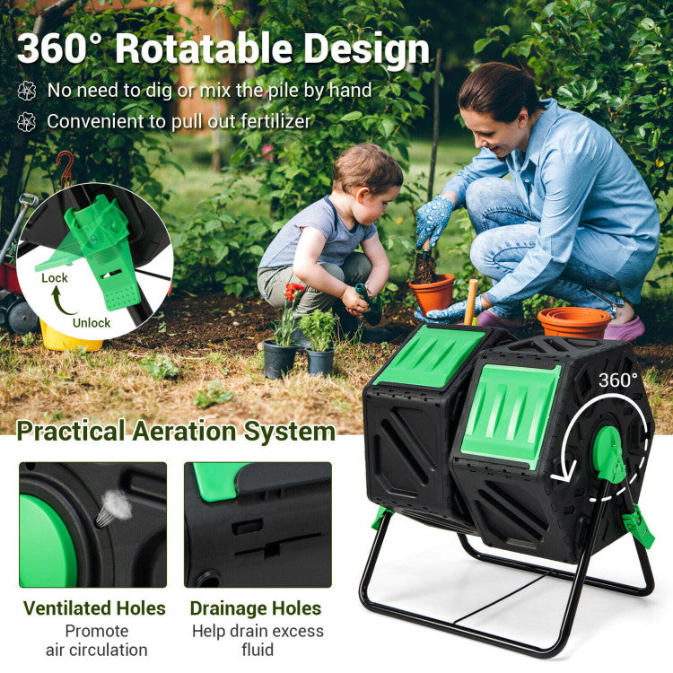 Dual Chamber Garden Compost Tumbler with Sliding Doors
