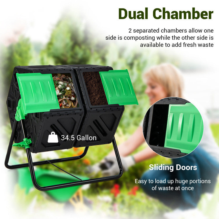 Dual Chamber Garden Compost Tumbler with Sliding Doors
