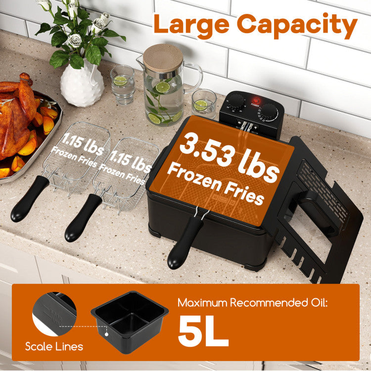Electric Deep Fryer 5.3QT/21-Cup Stainless Steel 1700W with Triple Basket