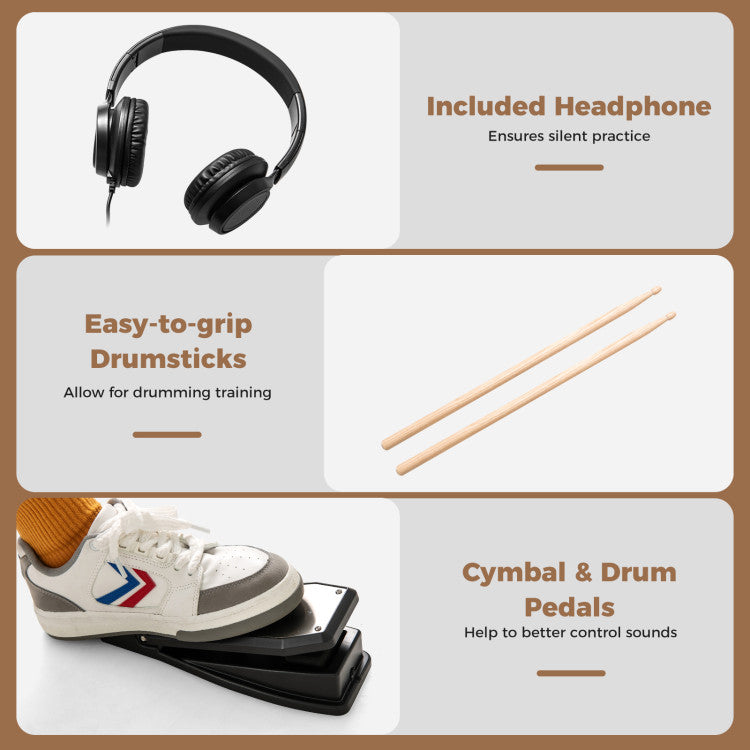Electric Drum Set Foldable Drum Kit with 10 Demos and USB MIDI and 2 Drumsticks