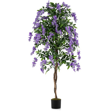 Set of 1/2 Fake Ficus Plant 6 FT Artificial Wisteria Tree with Natural Trunks and Purple Lifelike Flowers