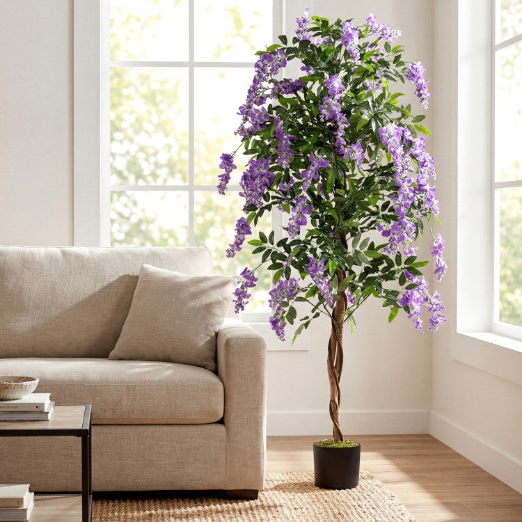 Set of 1/2 Fake Ficus Plant 6 FT Artificial Wisteria Tree with Natural Trunks and Purple Lifelike Flowers