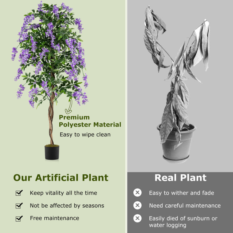 Set of 1/2 Fake Ficus Plant 6 FT Artificial Wisteria Tree with Natural Trunks and Purple Lifelike Flowers