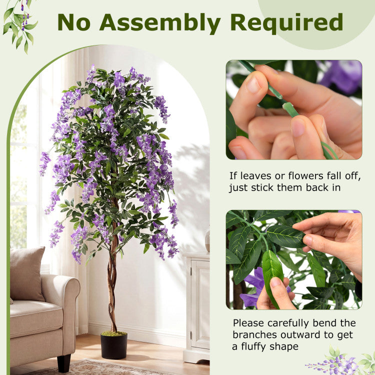 Set of 1/2 Fake Ficus Plant 6 FT Artificial Wisteria Tree with Natural Trunks and Purple Lifelike Flowers
