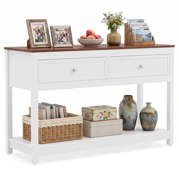 Farmhouse Console Table with 2 Drawers & Open Storage Shelf