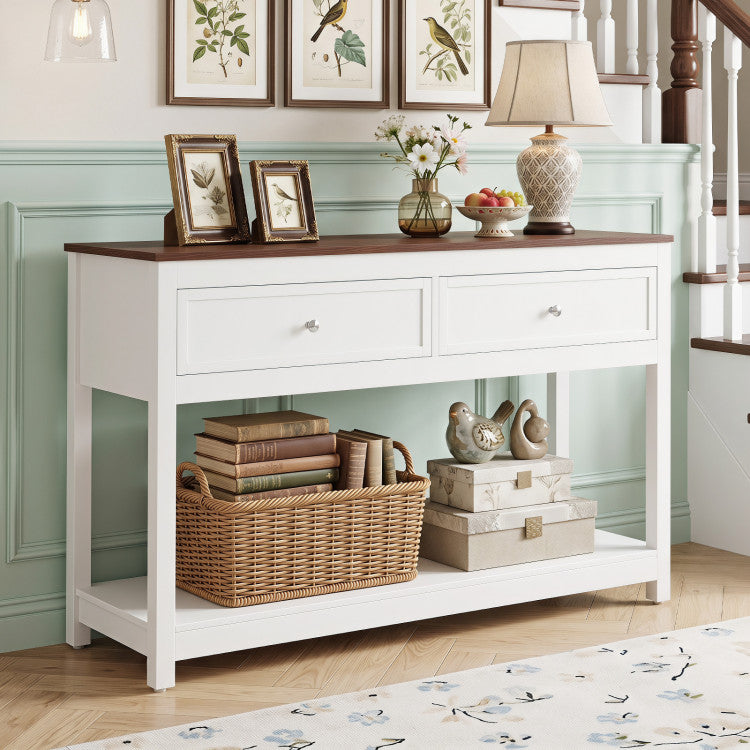 Farmhouse Console Table with 2 Drawers & Open Storage Shelf