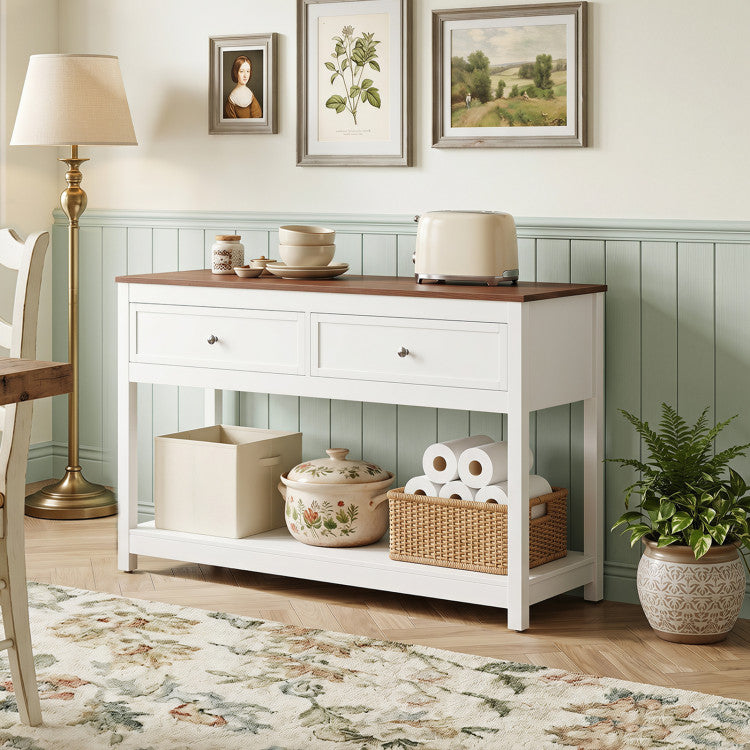 Farmhouse Console Table with 2 Drawers & Open Storage Shelf