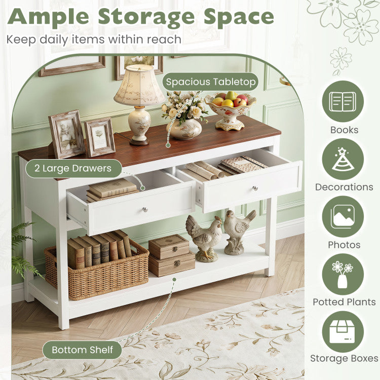 Farmhouse Console Table with 2 Drawers & Open Storage Shelf