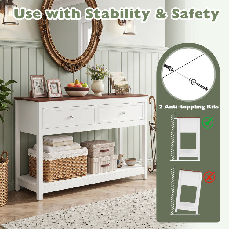 Farmhouse Console Table with 2 Drawers & Open Storage Shelf