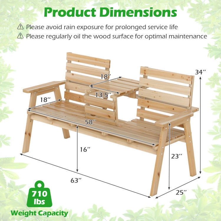 Outdoor Fir Wood Bench with Foldable Middle Table