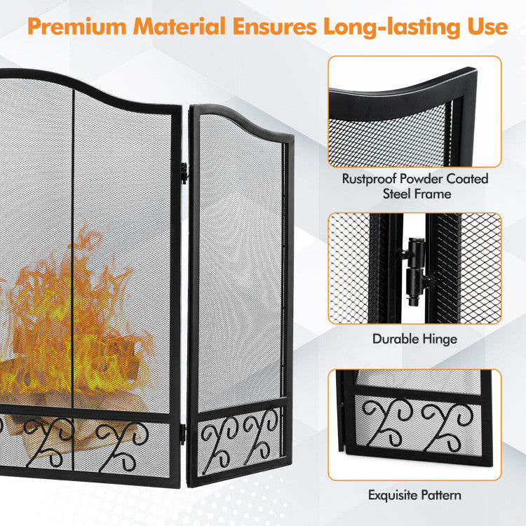 3-Panel Fireplace Screen Decorative Spark Guard