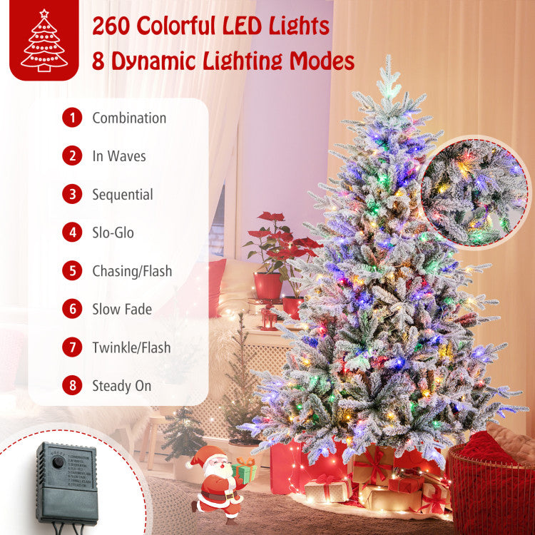4.5/6/7 Feet Flocked Christmas Tree with 8 Lighting Modes and Multi-Color LED Lights