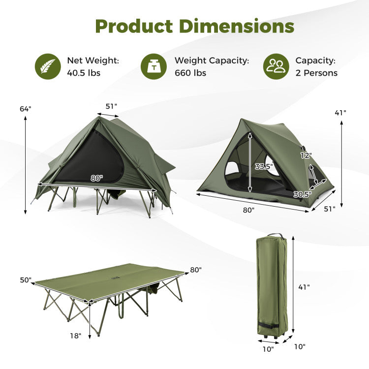 Foldable 2-Person Camping Cot Tent with Pop-up Tent Shelter and Portable Wheeled Bag