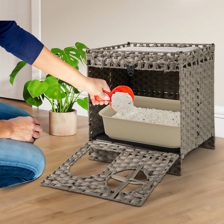 Foldable 2-tier Rattan Cat Litter Box Enclosure with Litter Mat