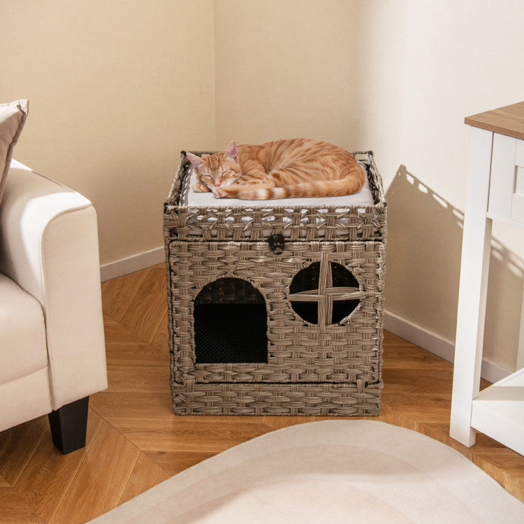 Foldable 2-tier Rattan Cat Litter Box Enclosure with Litter Mat