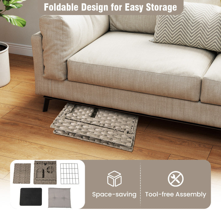 Foldable 2-tier Rattan Cat Litter Box Enclosure with Litter Mat