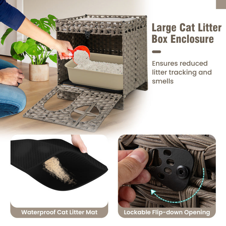 Foldable 2-tier Rattan Cat Litter Box Enclosure with Litter Mat
