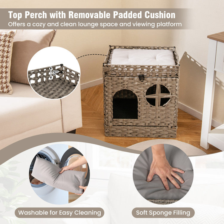 Foldable 2-tier Rattan Cat Litter Box Enclosure with Litter Mat
