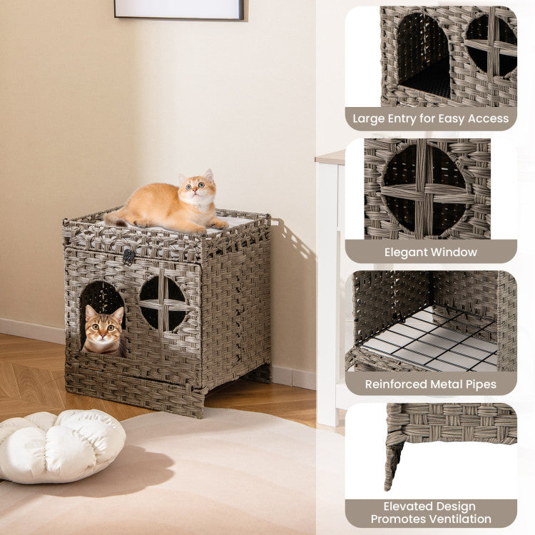 Foldable 2-tier Rattan Cat Litter Box Enclosure with Litter Mat