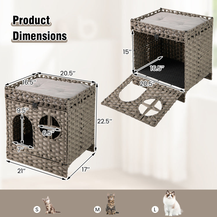 Foldable 2-tier Rattan Cat Litter Box Enclosure with Litter Mat