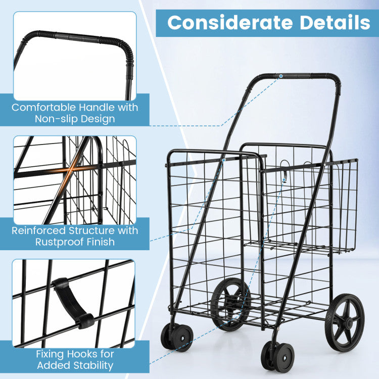 Folding Shopping Cart with Swiveling Wheels and Dual Storage Baskets