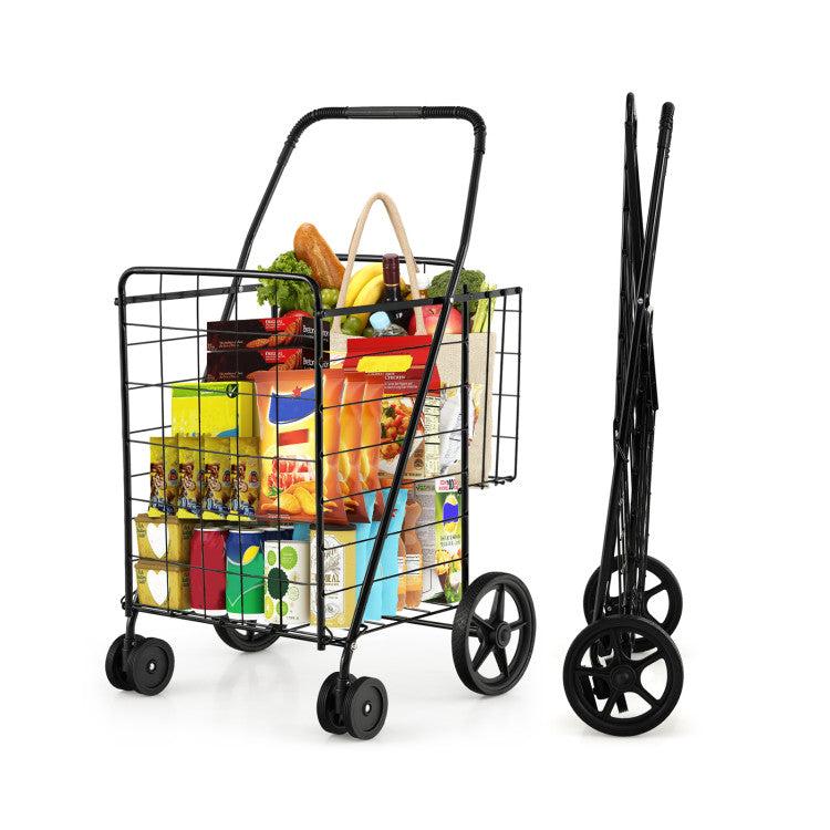 Folding Shopping Cart with Swiveling Wheels and Dual Storage Baskets