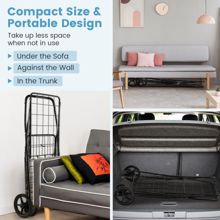 Folding Shopping Cart with Swiveling Wheels and Dual Storage Baskets