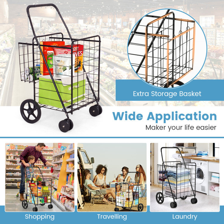 Folding Shopping Cart with Swiveling Wheels and Dual Storage Baskets