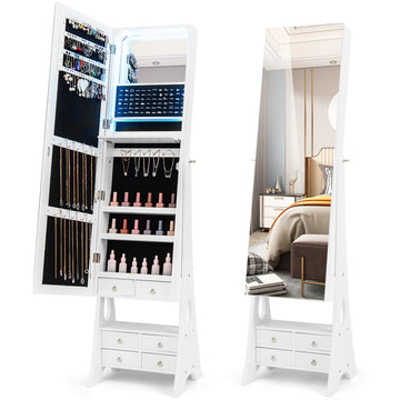 Freestanding Full Length LED Mirrored Jewelry Armoire with 6 Drawers and 3-Color LED Lights