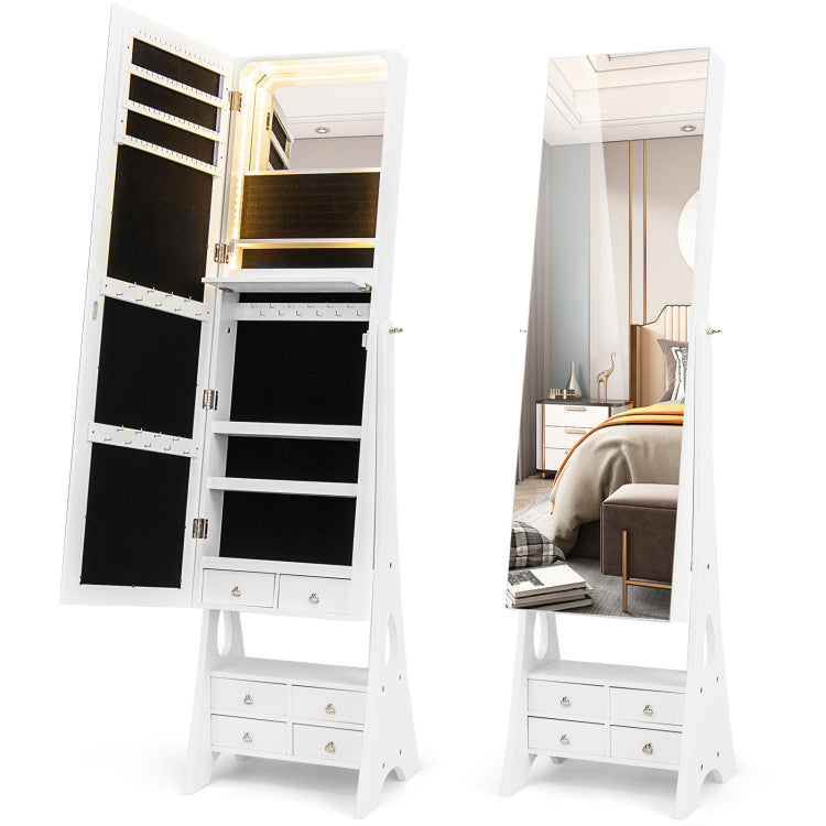 Freestanding Full Length LED Mirrored Jewelry Armoire with 6 Drawers and 3-Color LED Lights