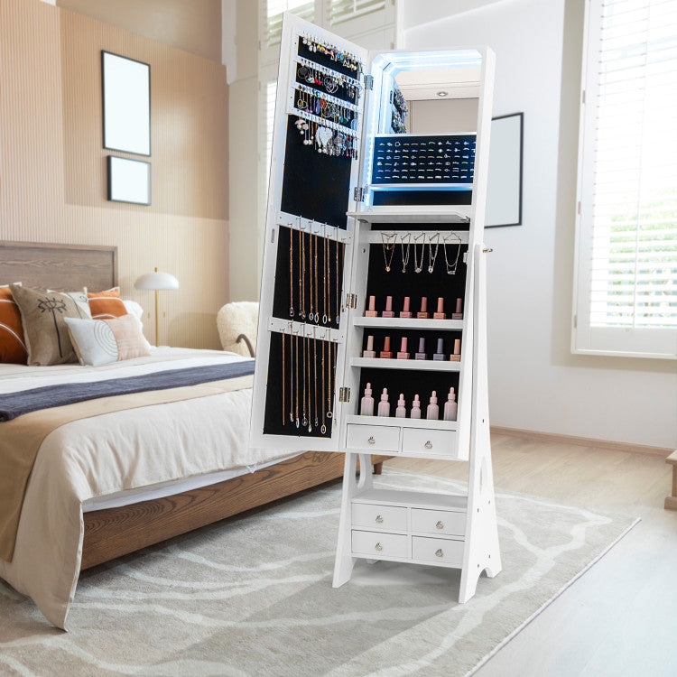 Freestanding Full Length LED Mirrored Jewelry Armoire with 6 Drawers and 3-Color LED Lights