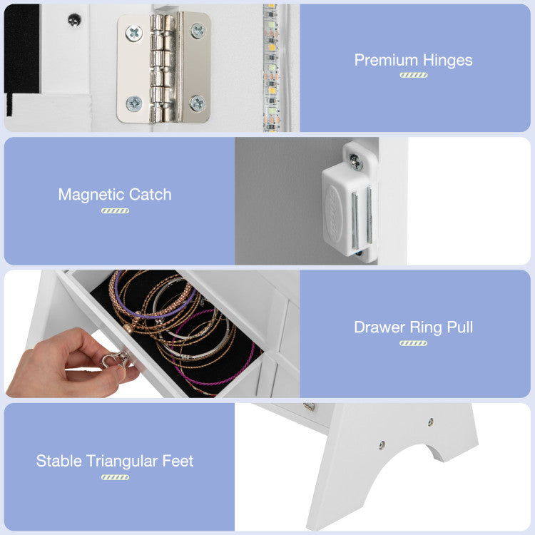 Freestanding Full Length LED Mirrored Jewelry Armoire with 6 Drawers and 3-Color LED Lights