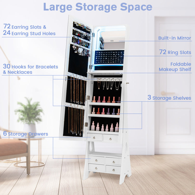 Freestanding Full Length LED Mirrored Jewelry Armoire with 6 Drawers and 3-Color LED Lights