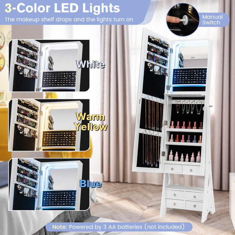 Freestanding Full Length LED Mirrored Jewelry Armoire with 6 Drawers and 3-Color LED Lights