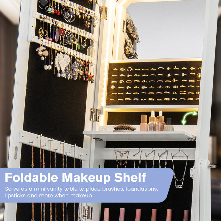 Freestanding Full Length LED Mirrored Jewelry Armoire with 6 Drawers and 3-Color LED Lights