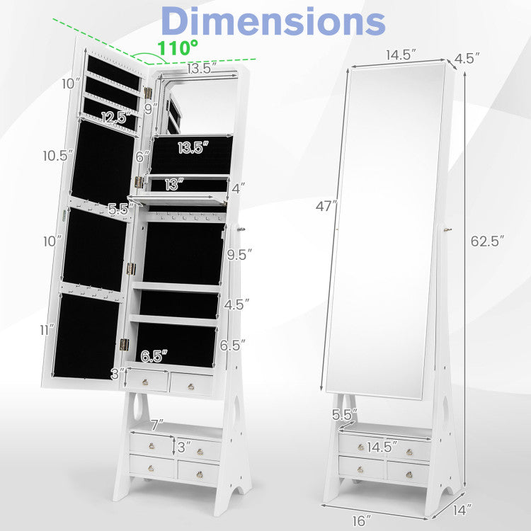 Freestanding Full Length LED Mirrored Jewelry Armoire with 6 Drawers and 3-Color LED Lights
