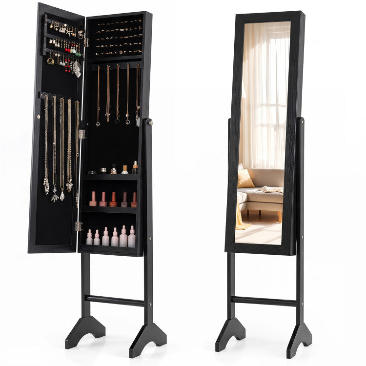 Freestanding Jewelry Armoire with Velvet Lining and Full Length Mirror