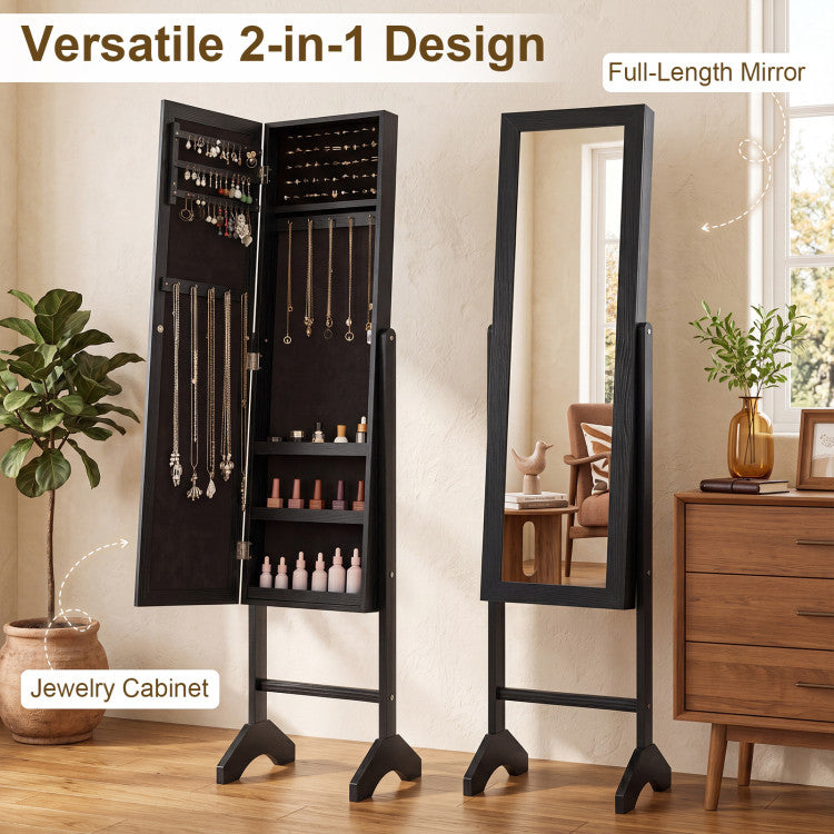 Freestanding Jewelry Armoire with Velvet Lining and Full Length Mirror