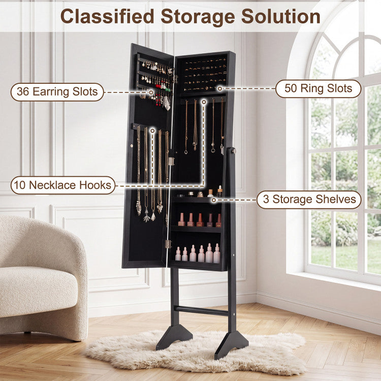 Freestanding Jewelry Armoire with Velvet Lining and Full Length Mirror