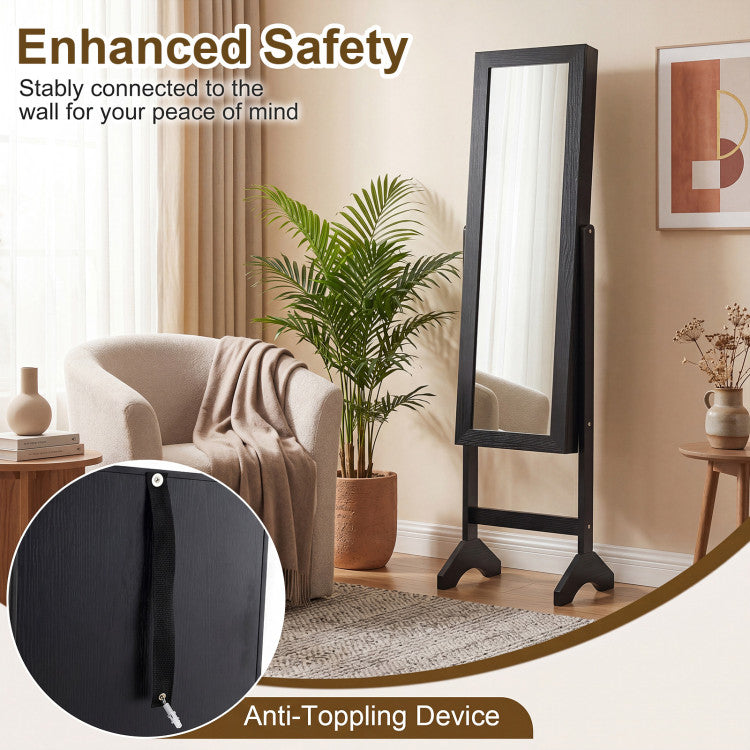 Freestanding Jewelry Armoire with Velvet Lining and Full Length Mirror