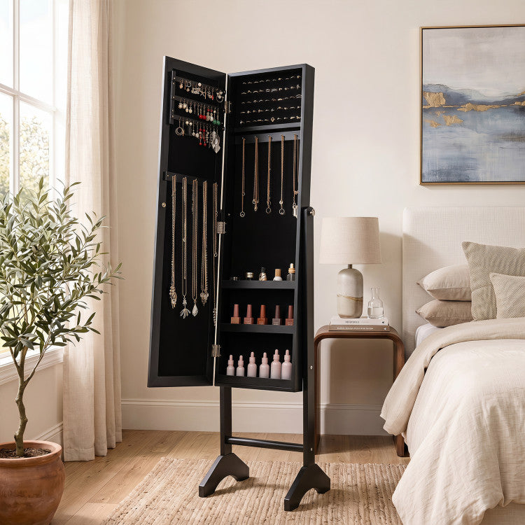 Freestanding Jewelry Armoire with Velvet Lining and Full Length Mirror