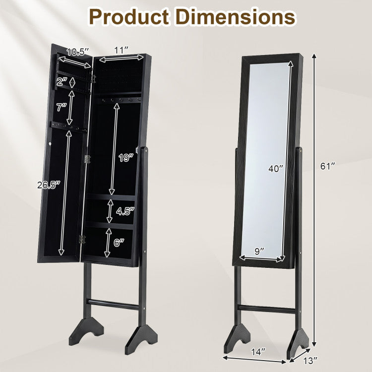 Freestanding Jewelry Armoire with Velvet Lining and Full Length Mirror