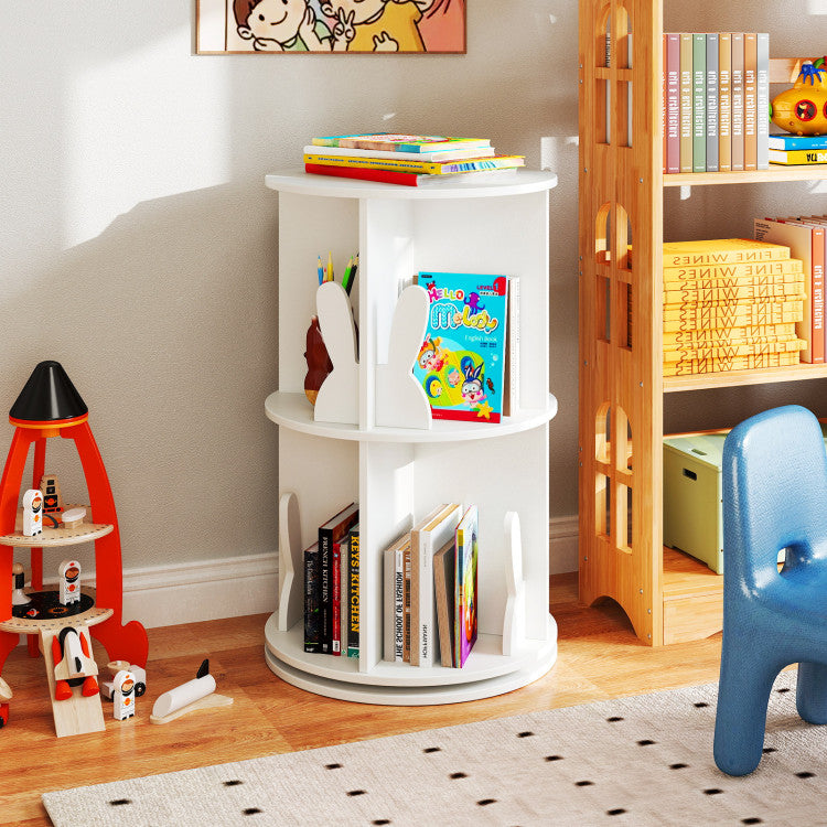 2 Tier Freestanding Kids Rotating Bookshelf Storage Rack with Bunny Baffles
